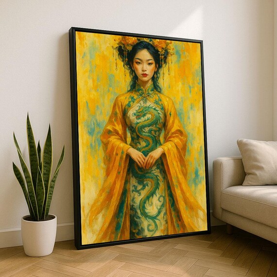 Elegant Asian Woman In Traditional Dress Canvas Wall Art Print Vibrant Living Room Decor Statement Piece