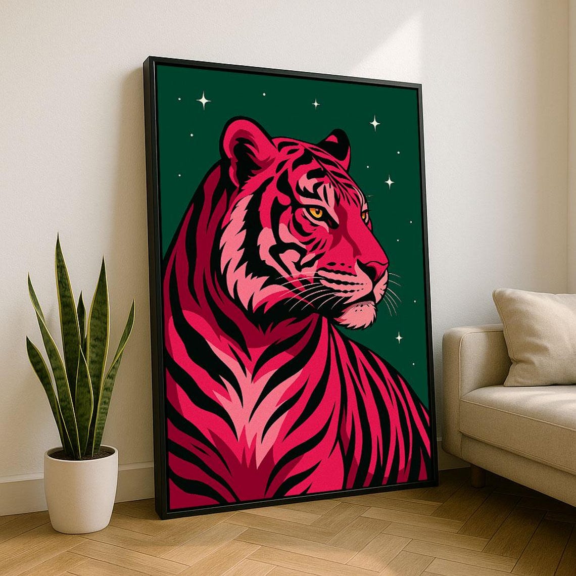 Bold Pink Tiger Head Pop Art On Dark Green Starry Night Wall Art