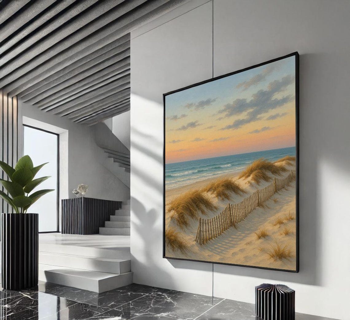 Pastel Serene Beach Sunset Dunes Wooden Fence Coastal Ocean Poster