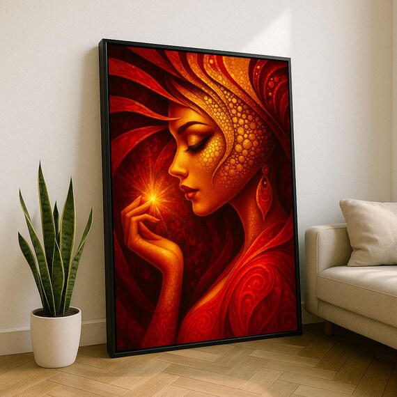 Radiant Woman In Red And Gold Canvas Wall Art Print Boho Bedroom Decor Statement Piece