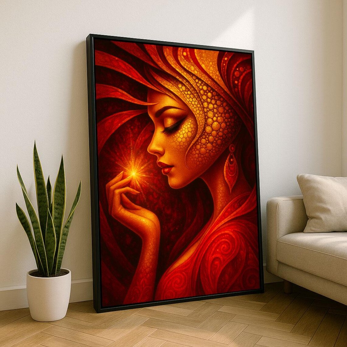 Radiant Woman In Red And Gold Canvas Wall Art Print Boho Bedroom Decor Statement Piece