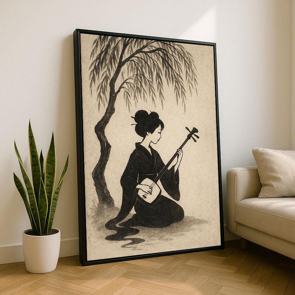 Serene Japanese Geisha Playing Shamisen Under Willow Ink Poster
