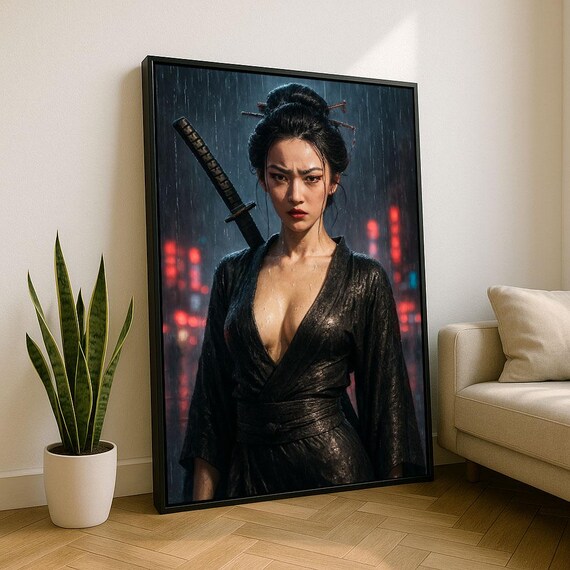 Fierce Samurai Woman Portrait Canvas Wall Art Print Modern Bedroom Decor Statement Piece