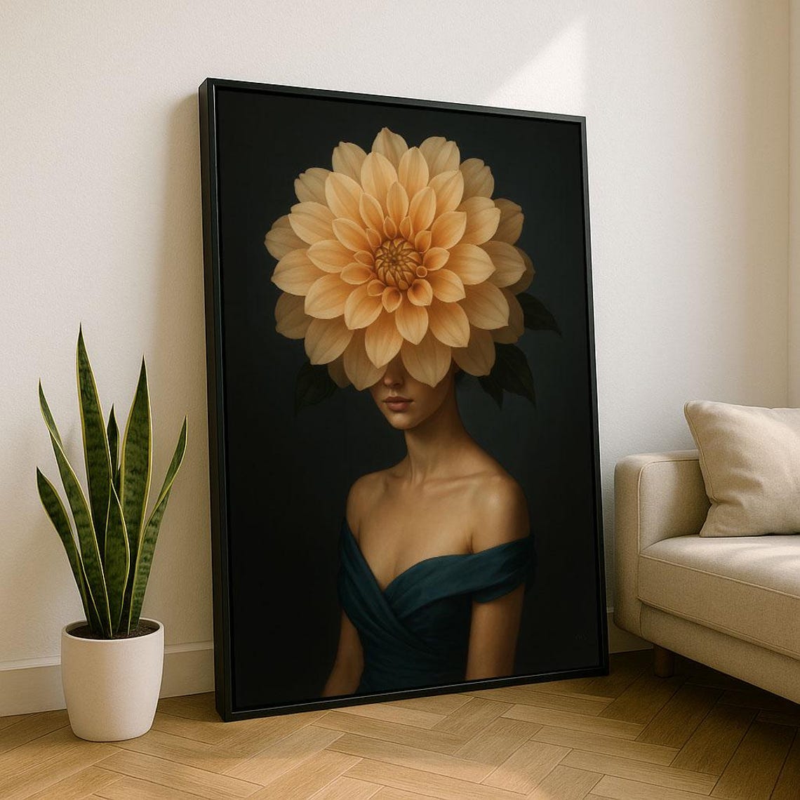 Floral Woman Dahlia Bloom Surreal Elegant Portrait Art Print
