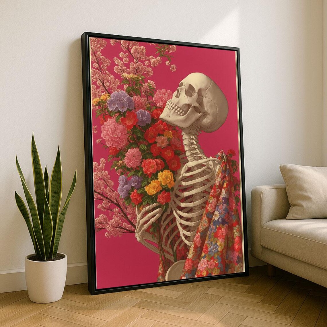 Skeleton Holding Bouquet of Colorful Flowers Pink Floral Gothic Art Poster