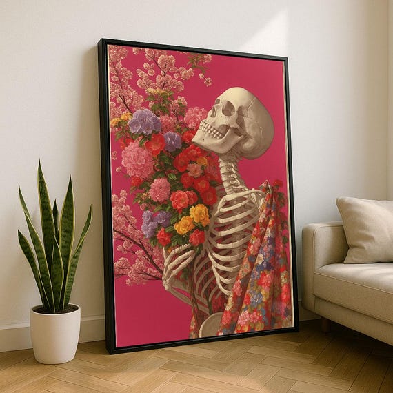 Vibrant Skeleton Floral Theme Canvas Wall Art Print Bold Pink Living Room Decor Statement Piece