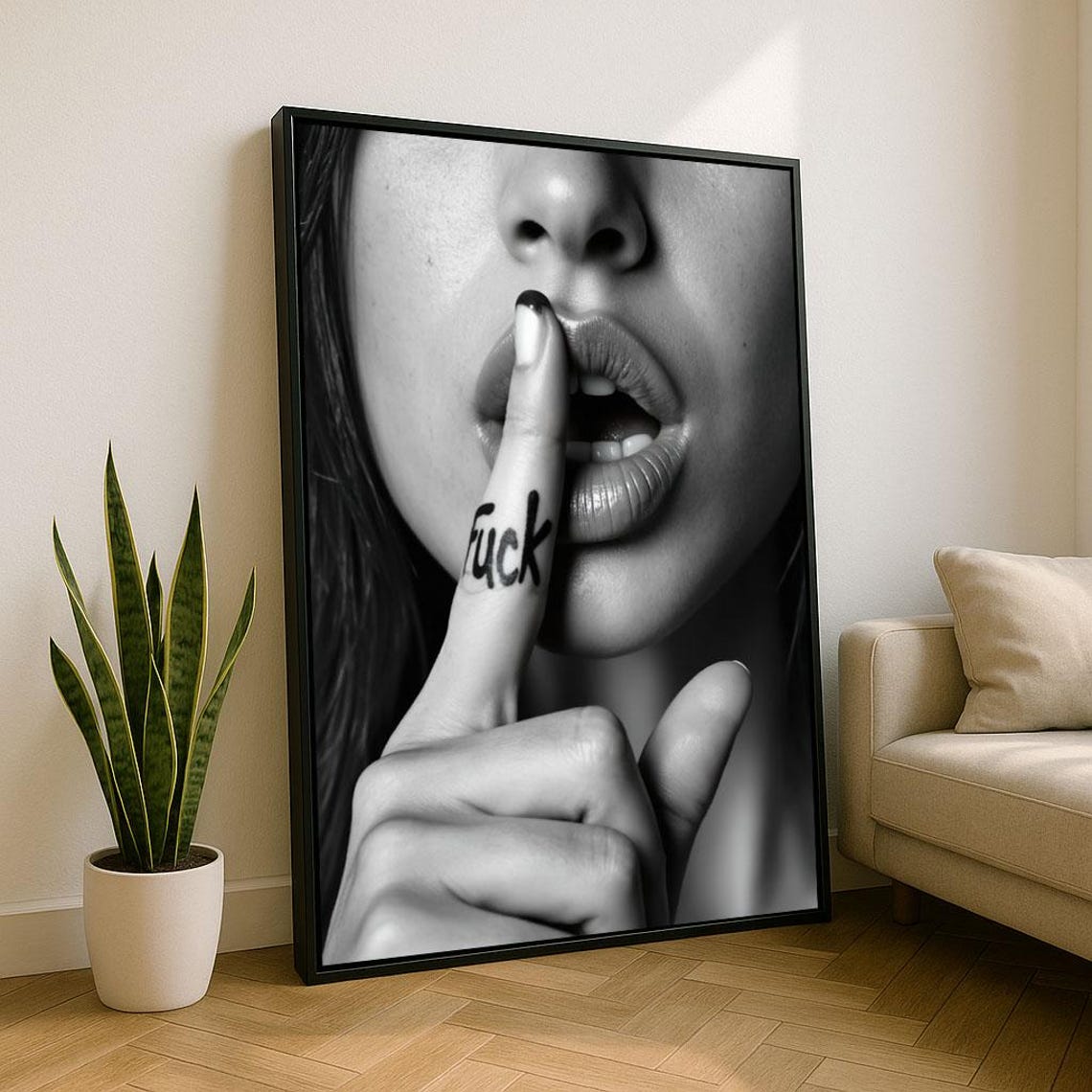 Bold Black White Shush Lips Finger Edgy Fashion Photography Art Print