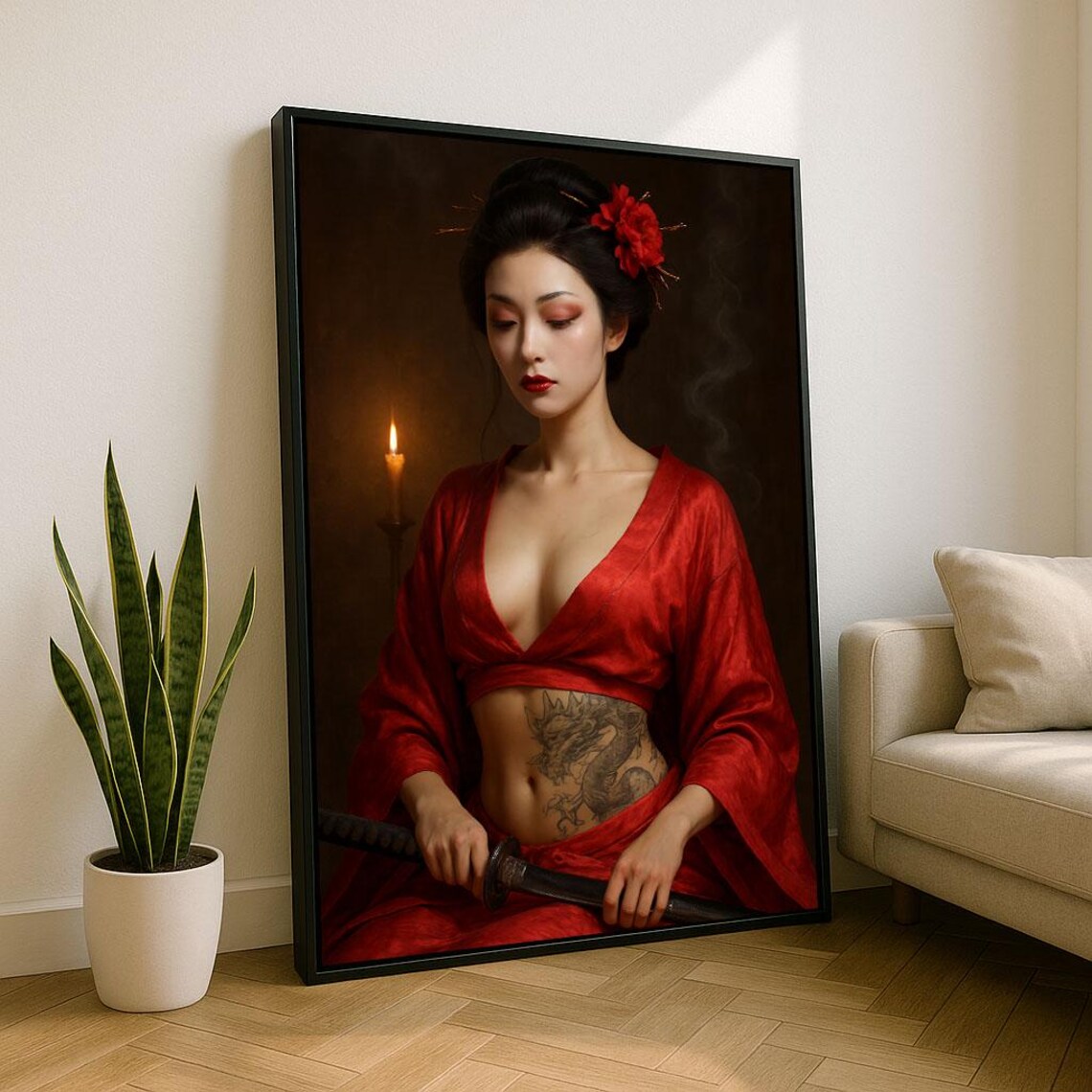 Elegant Japanese Woman Katana Red Kimono Warrior Portrait Poster