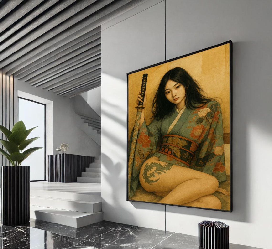 Exquisite Japanese Woman Green Kimono Katana Dragon Tattoo Poster