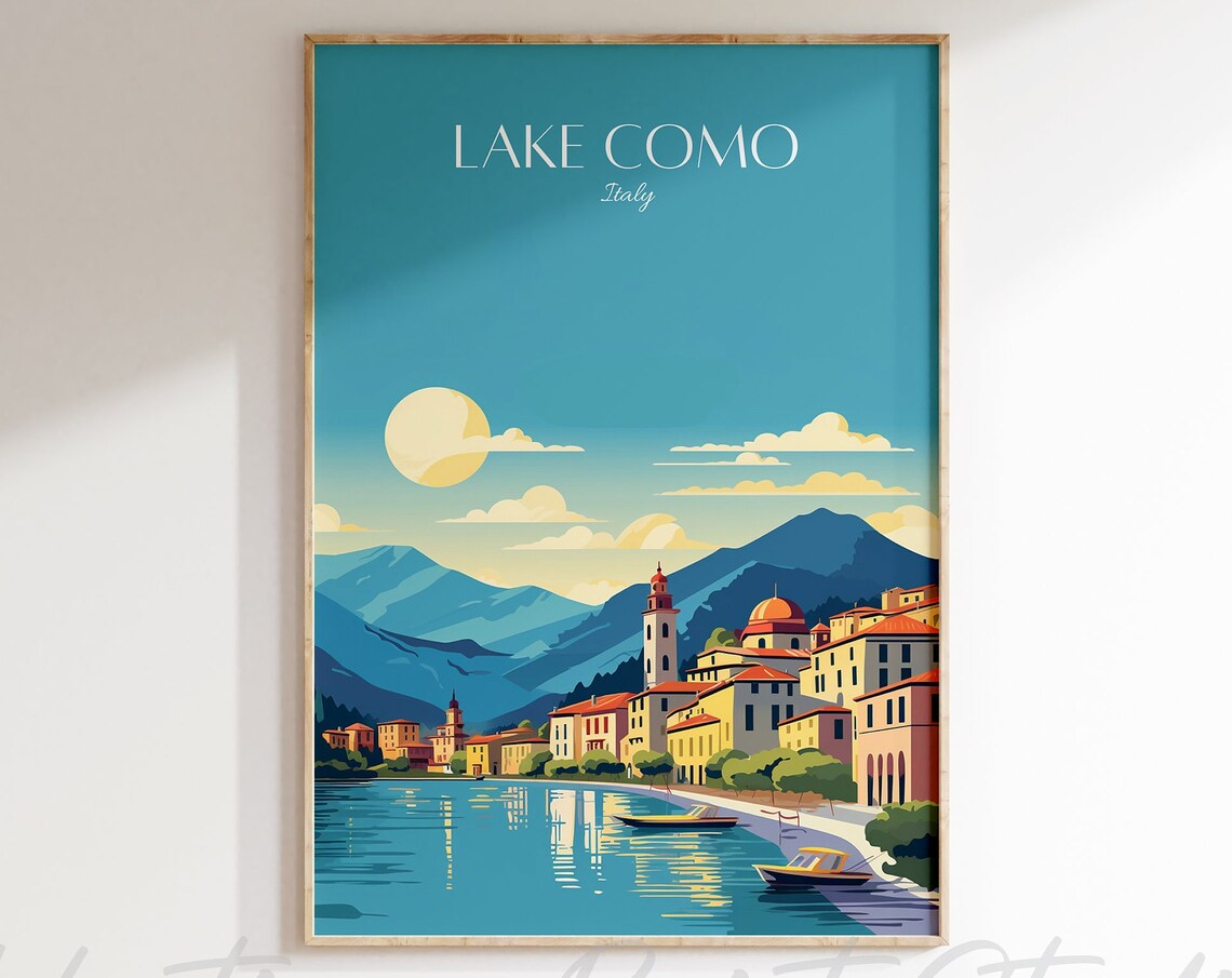 Lake Como Italy Sunset Travel Print Lakeside Town Mountain View