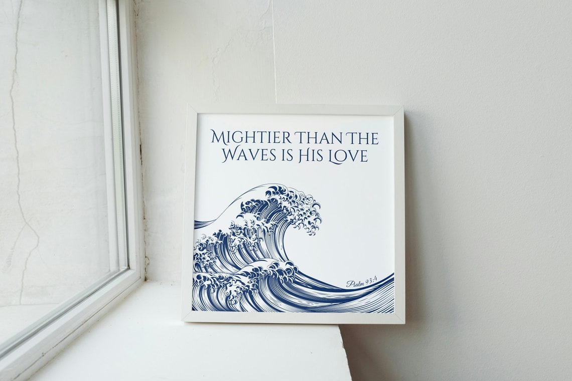 Mightier Than the Waves Is His Love Psalm 93:4 Navy Wave Art Poster - Image 2