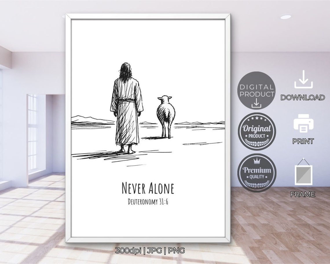 Never Alone Jesus Shepherd Sheep Line Art Christian Bible Verse Poster