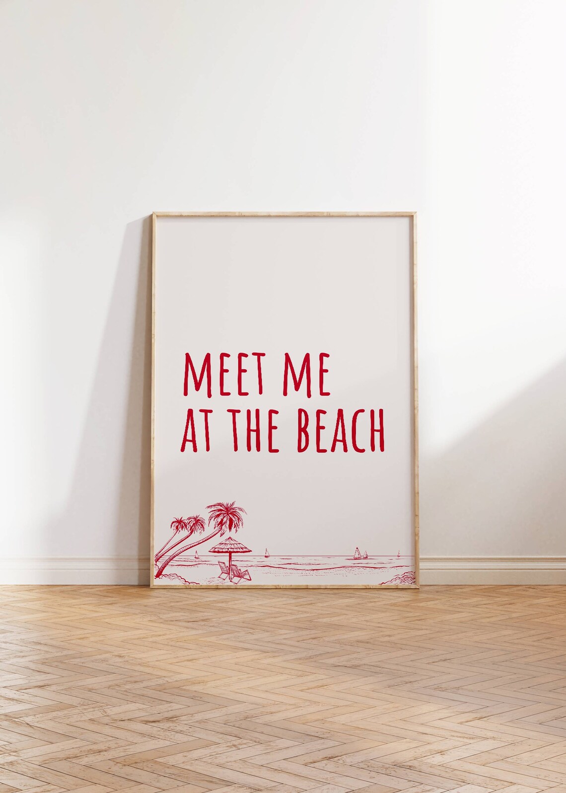 Meet Me At The Beach Red Typography Palm Tree Coastal Wall Poster - Image 3
