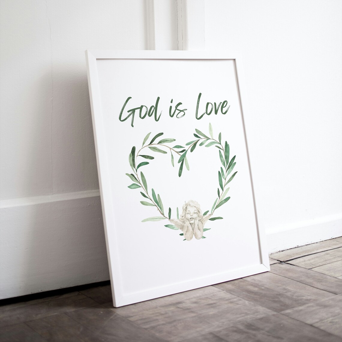God Is Love Heart Wreath Watercolor Cherub Christian Faith Poster