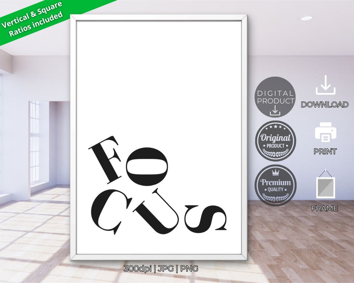 Focus Wavy Typography Black White Minimalist Motivational Word Art Poster