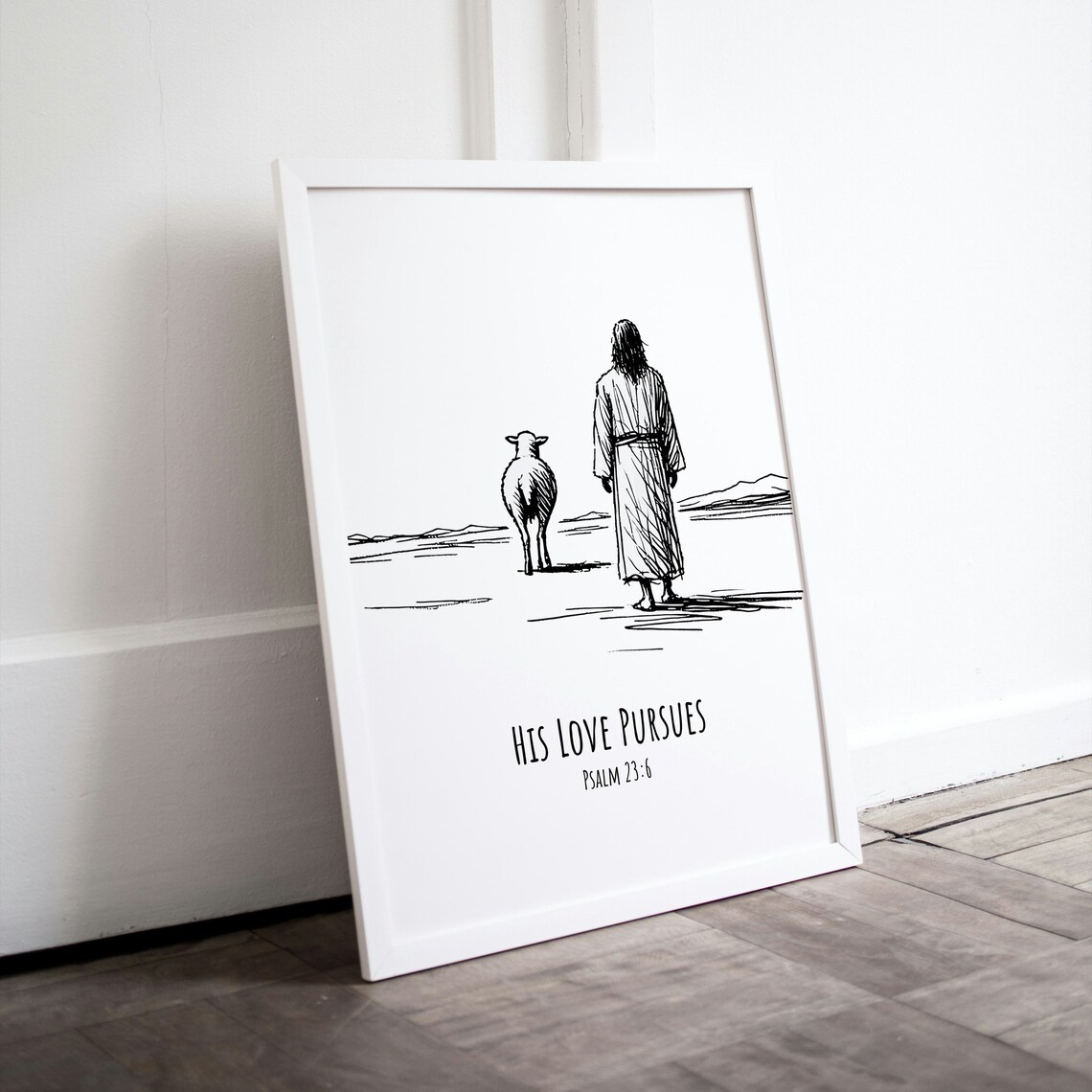 His Love Pursues Psalm 23 6 Jesus Good Shepherd Line Art Christian Poster - Image 2