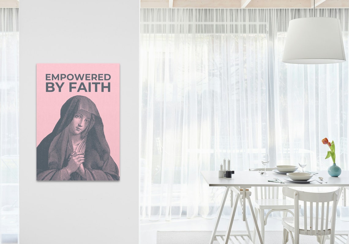 Empowered by Faith Virgin Mary Vintage Engraving Pink Christian Poster - Image 3