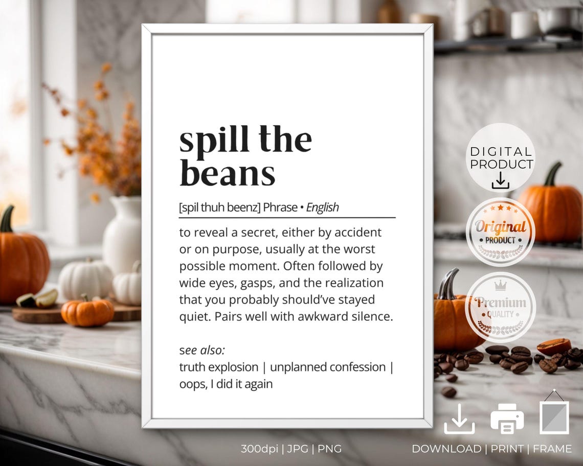 Spill The Beans Definition Poster Funny Phrase Dictionary Style Art - Image 2