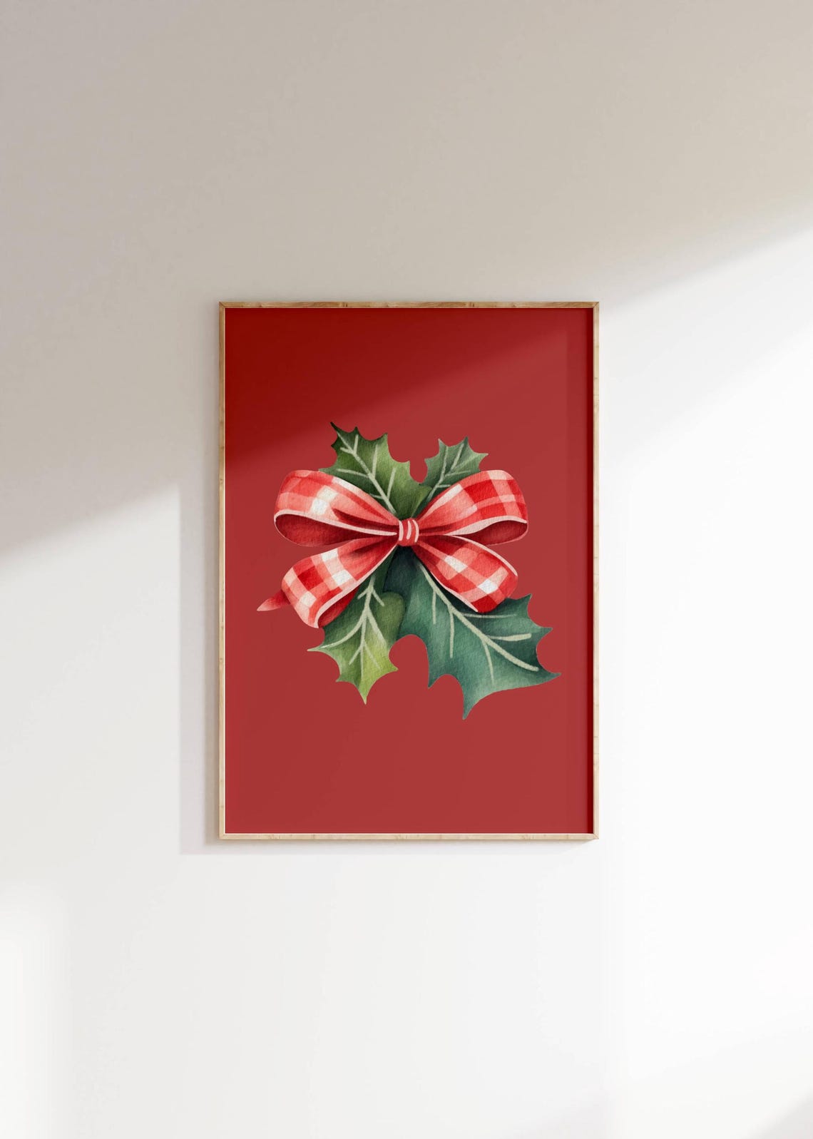 Red Gingham Bow with Holly Leaves Watercolor Festive Christmas Poster
