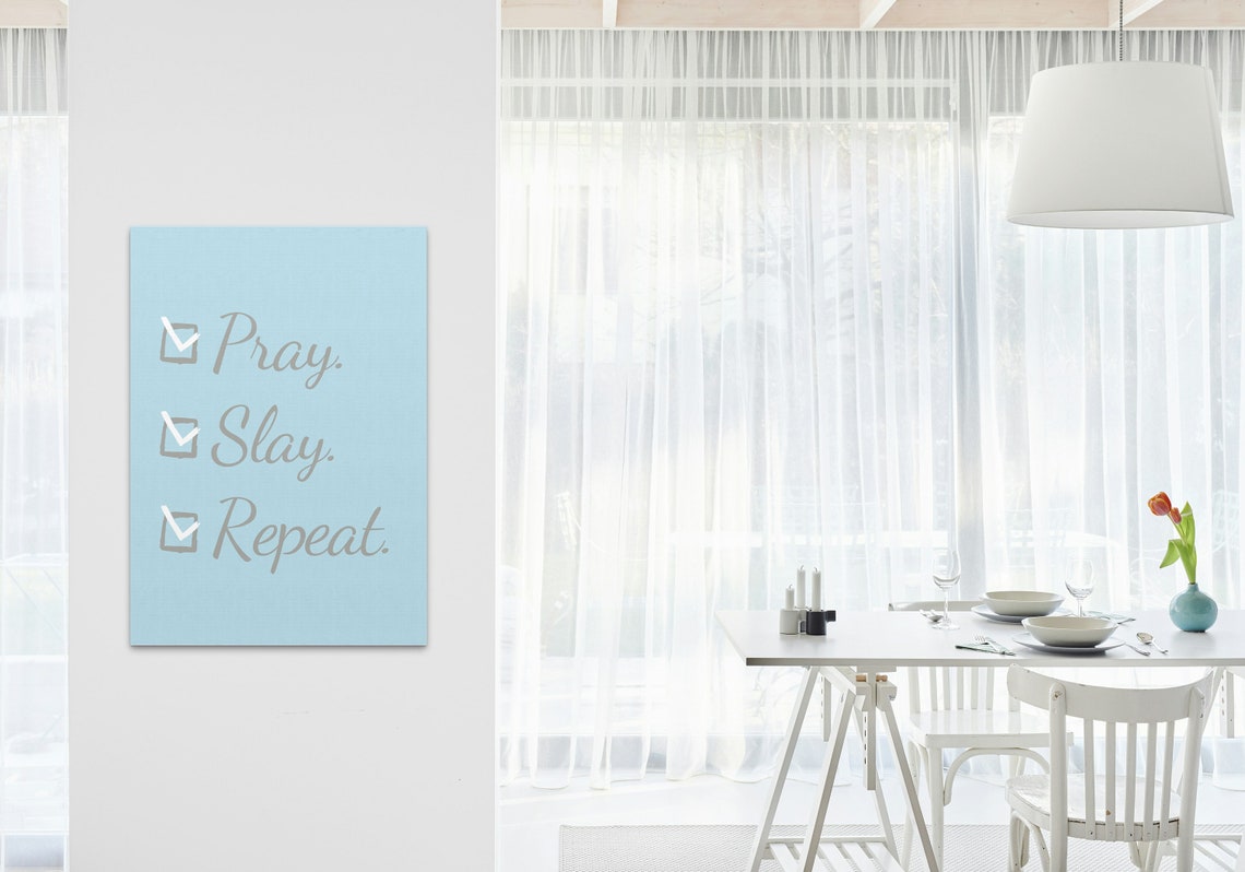 Pray Slay Repeat Checklist Typography Light Blue Modern Faith Poster - Image 3
