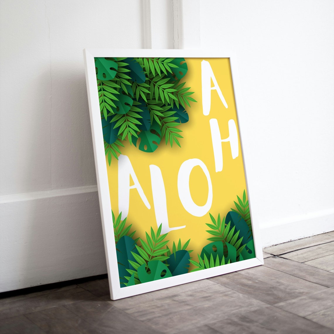 Aloha Tropical Leaves Yellow Background Hawaiian Style Quote Poster