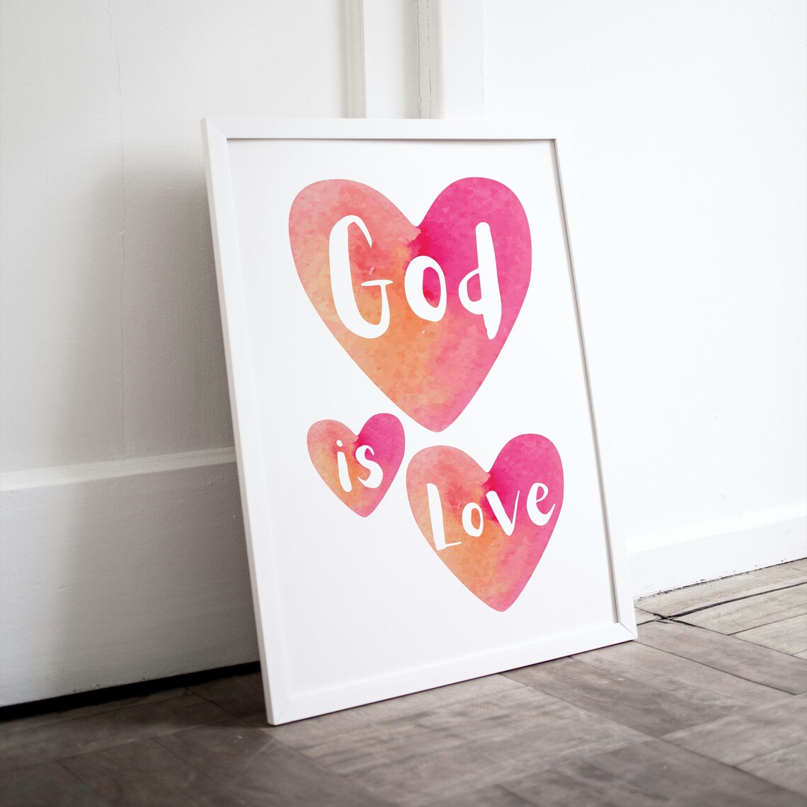 God Is Love Watercolor Hearts Pink Orange Gradient Faith Poster