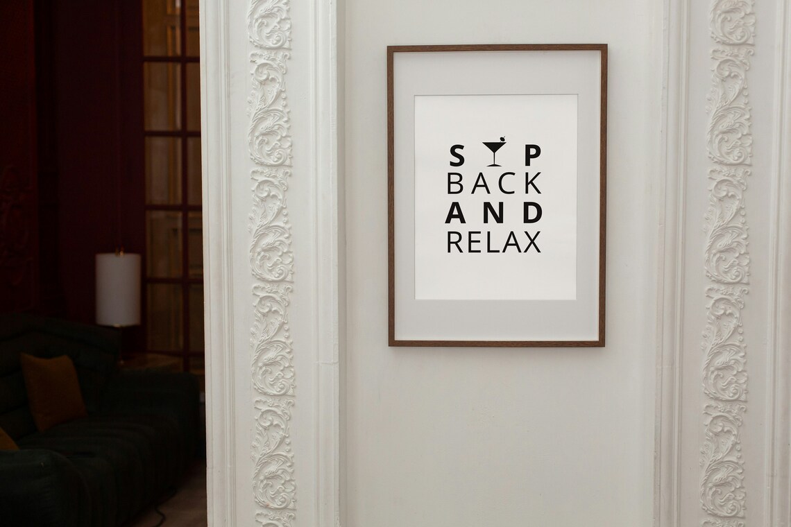 Sip Back And Relax Martini Kitchen Quote Minimalist Black Poster - Image 3