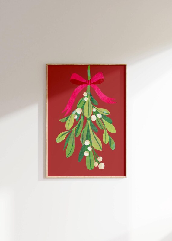 Mistletoe Watercolor Wall Art Festive Christmas Holiday Gift Decor Cute Mistletoe With Bow Winter Seasonal Art Print For Home