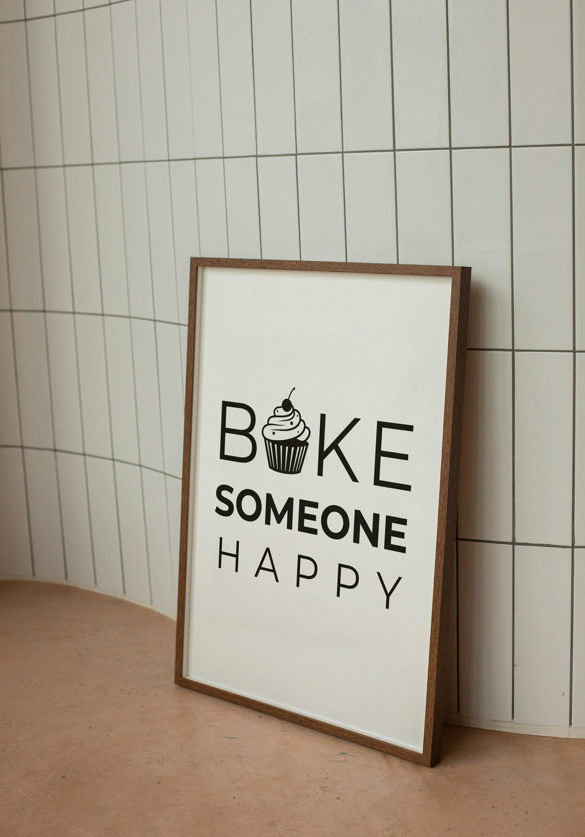 Bake Someone Happy Cupcake Kitchen Quote Minimalist Black Poster
