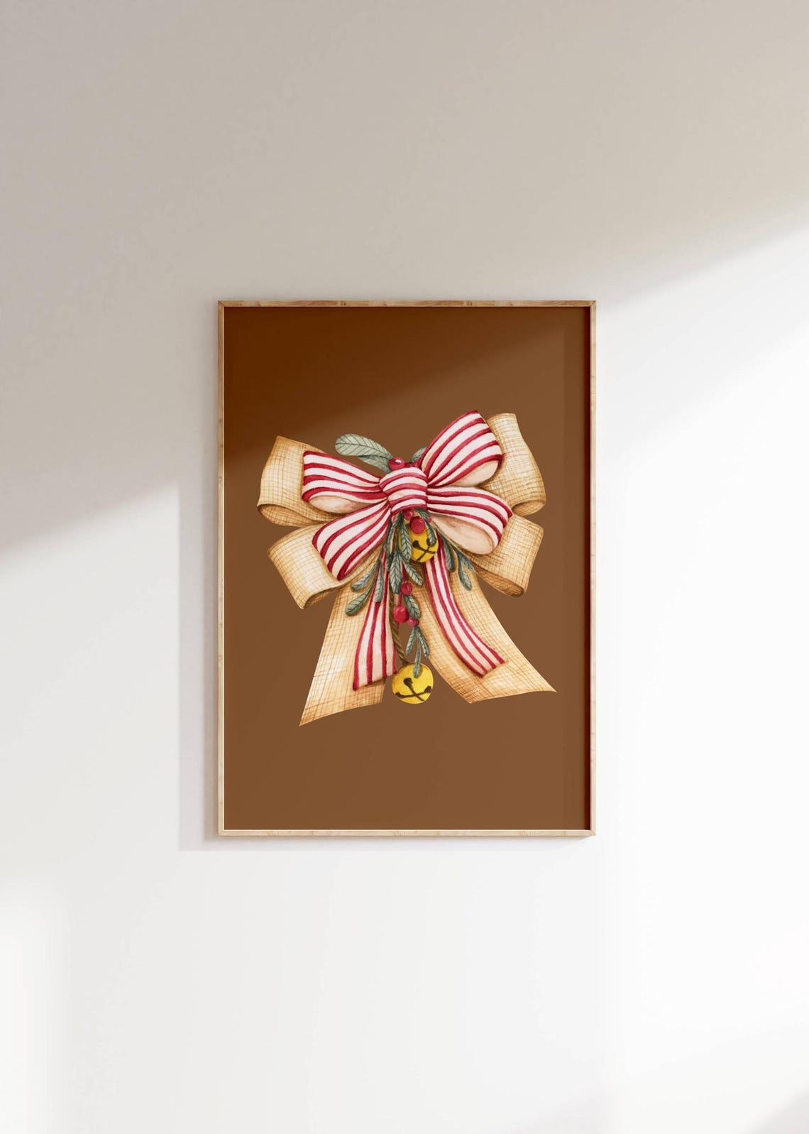 Rustic Christmas Bow Watercolor Red Striped Ribbon with Berries Poster