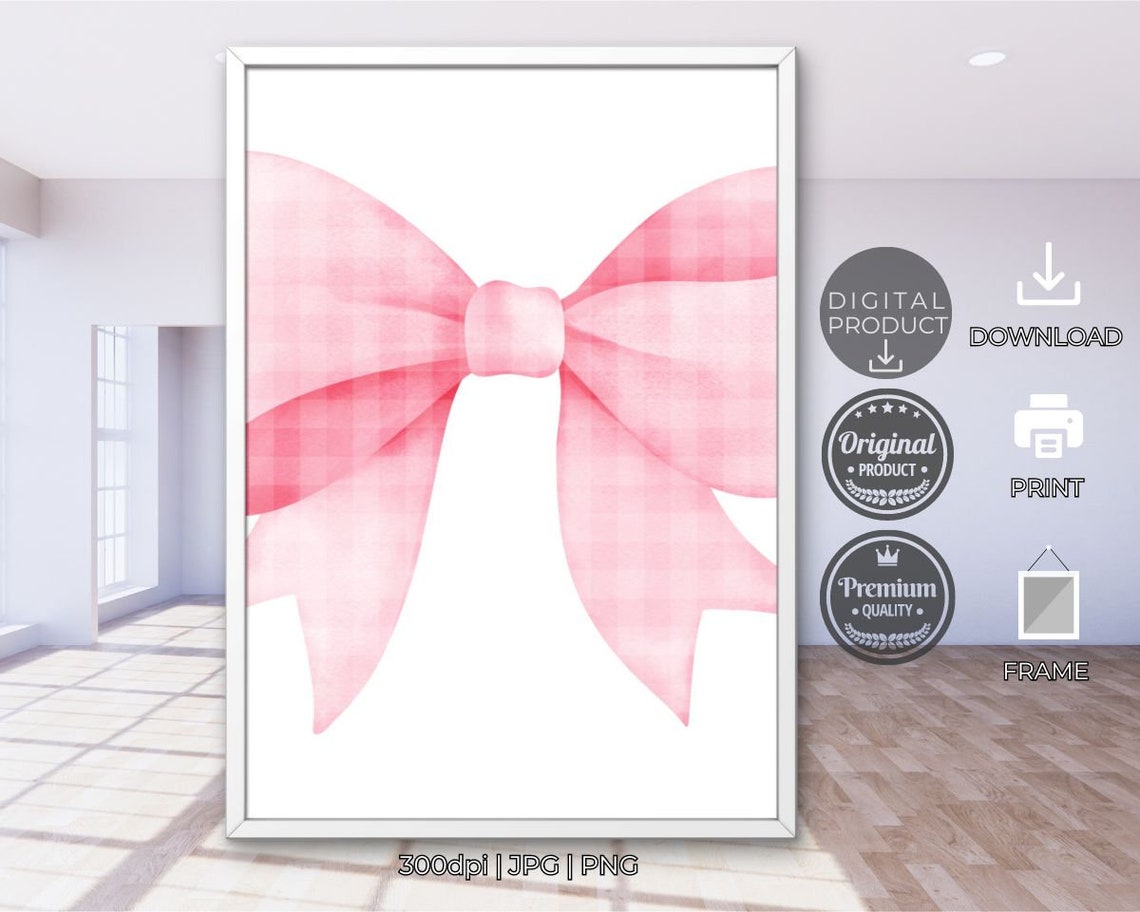 Pink Gingham Watercolor Bow Coquette Dorm Room Wall Decor Poster