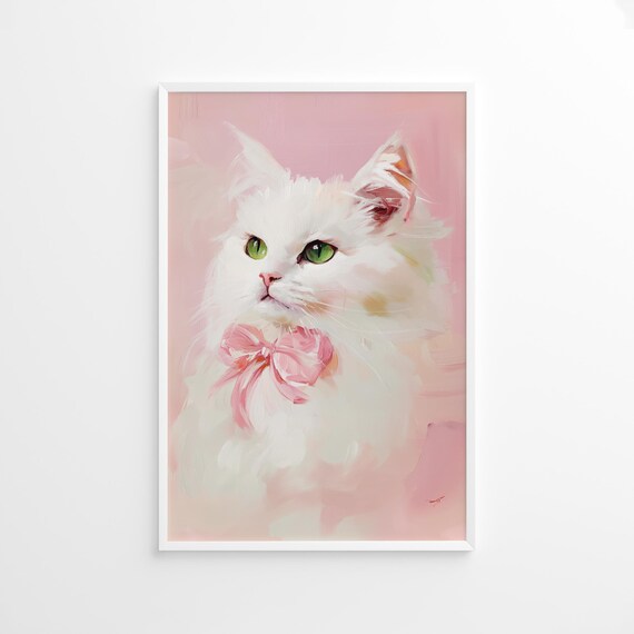 White Cat with Green Eyes and Pink Bow Pastel Pet Portrait Poster