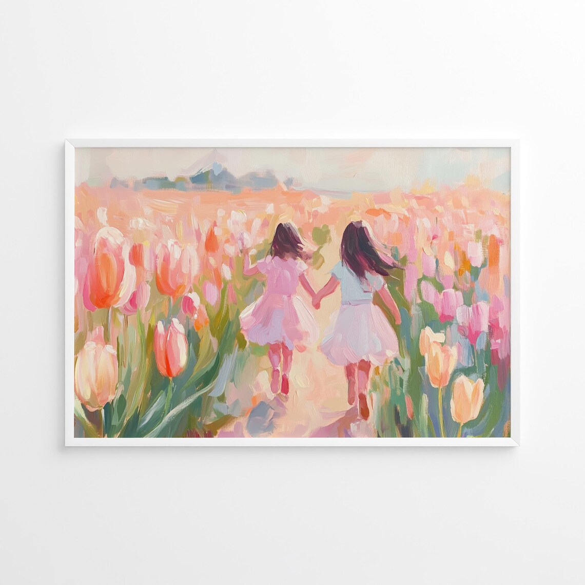 Two Girls Running Through Pink Tulip Field Whimsical Spring Art Print
