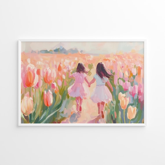 Two Girls Running Through Pink Tulip Field Whimsical Spring Art Print