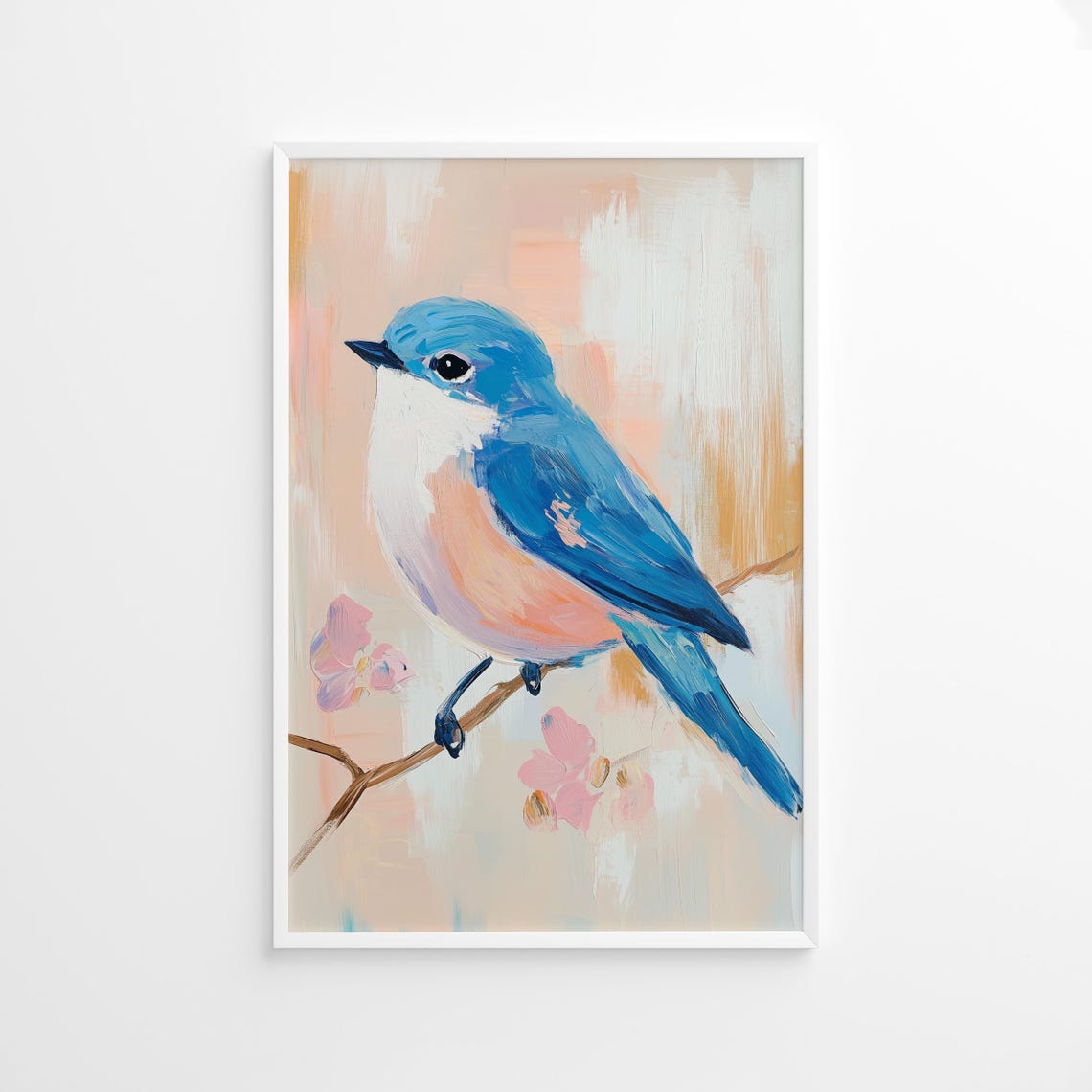 Pastel Bluebird on Blossoming Branch Spring Bird Portrait Poster