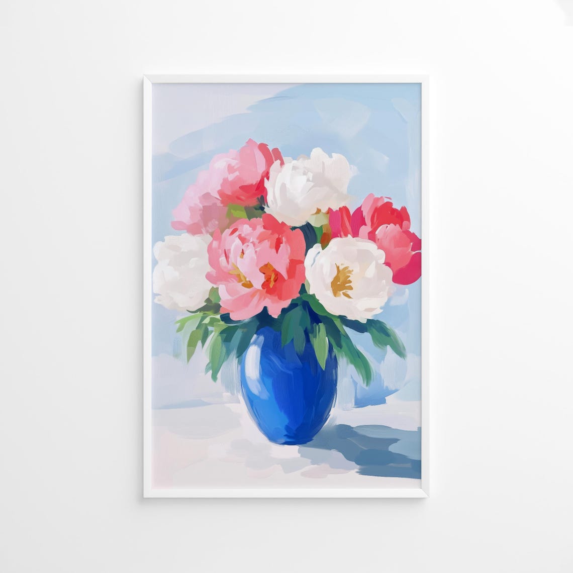 Pink and White Peony Blooms in Blue Vase Soft Floral Art Print