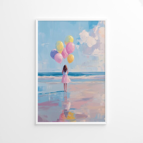 Girl Holding Balloons Standing on the Beach Pastel Ocean Art Poster