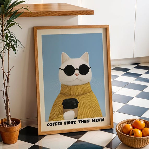Funny Cat Coffee Poster And Lover Gift Bar Print Wall Art
