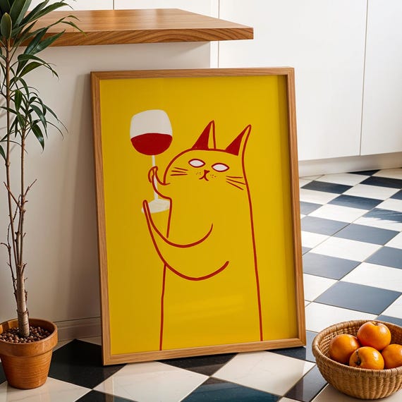 Funny Cat Holding Wine Poster And Lover Gift Bar Cart Decor Kitchen Wall Art