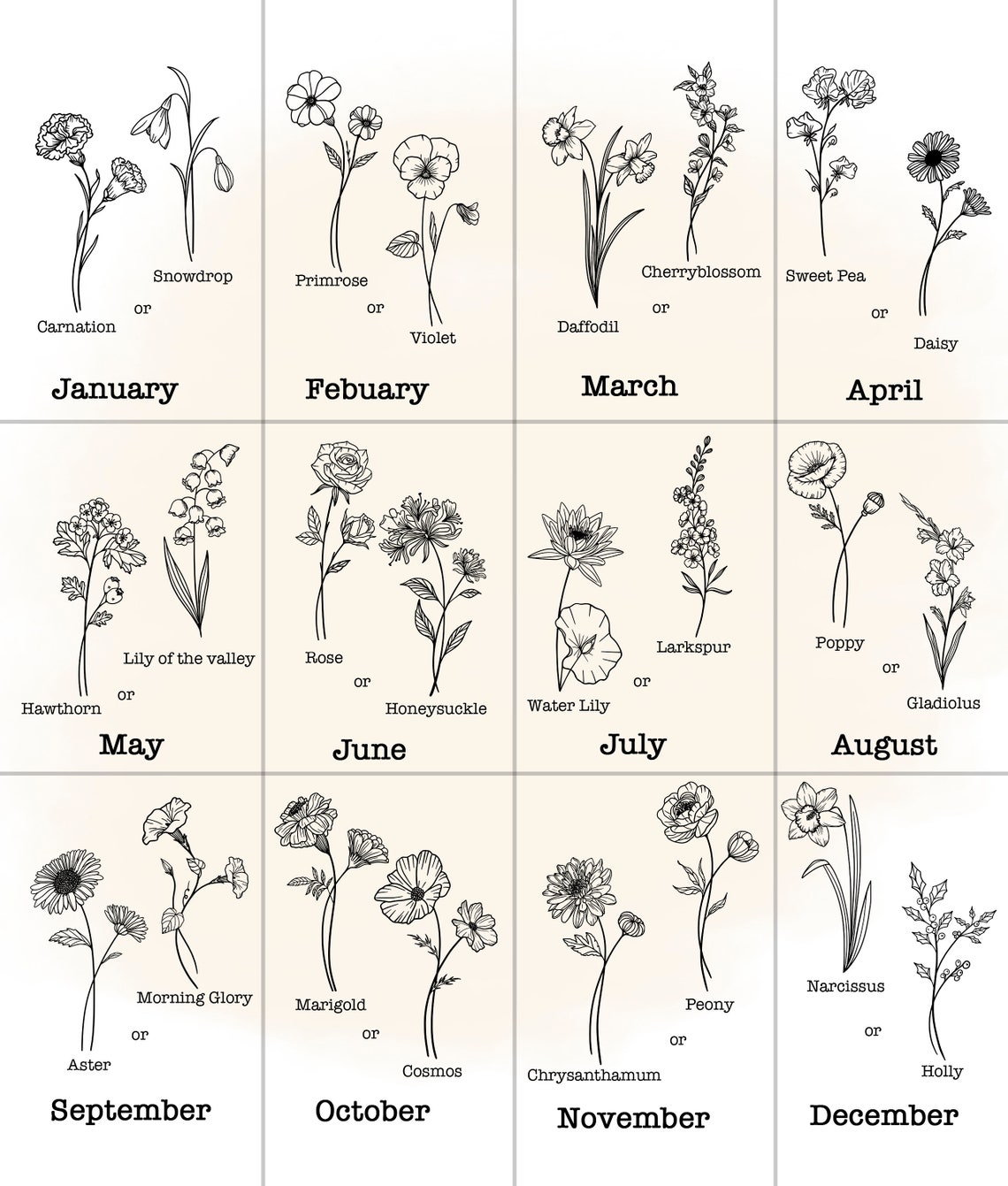 Navy Blue Line Art Birth Flowers Personalized Couples Names Art Poster - Image 2