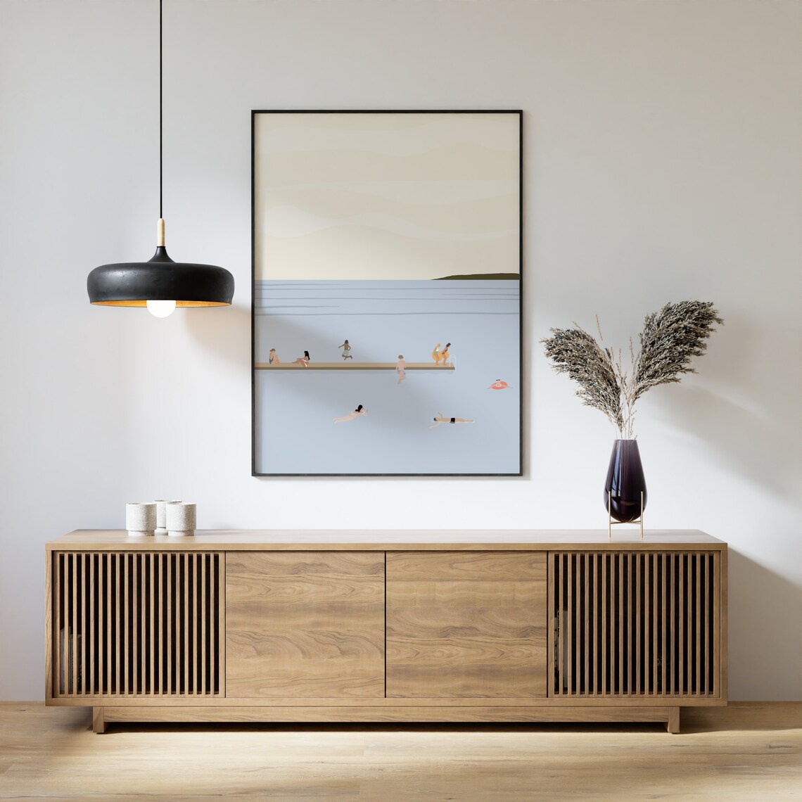 Tiny People Swimming In Lake Minimalist Summer Art Print - Image 3