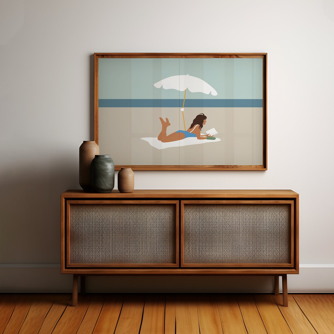 Woman Reading On Beach Under Umbrella Minimalist Summer Art Poster - Image 3