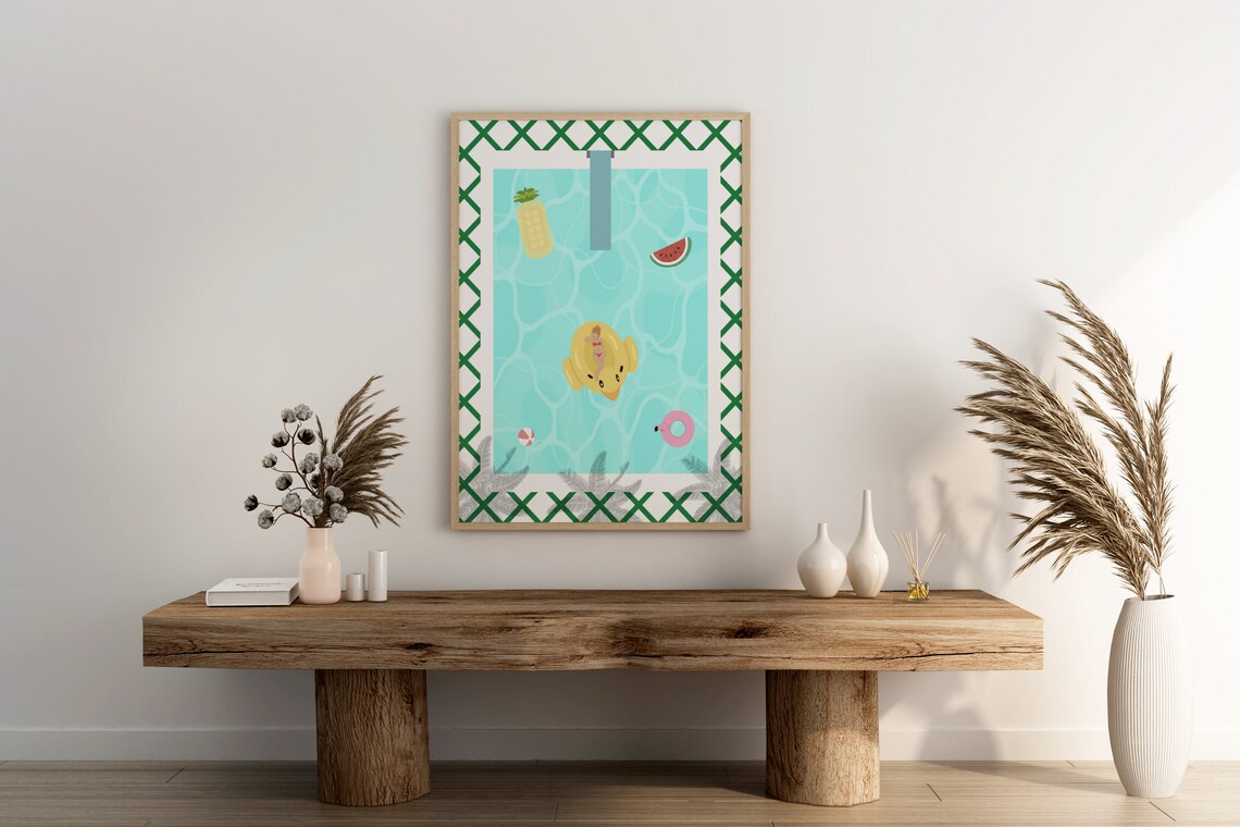 People At Pool Print Cute Retro Swimming Pool Summer Poster Tiny People Swimming Pool House Decor Art - Image 2
