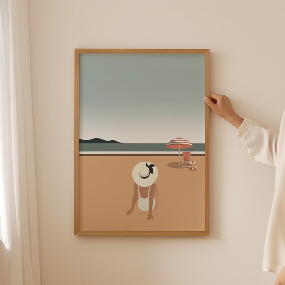 Woman Sunbathing On Tan Beach Retro Striped Umbrella Scene Art Poster