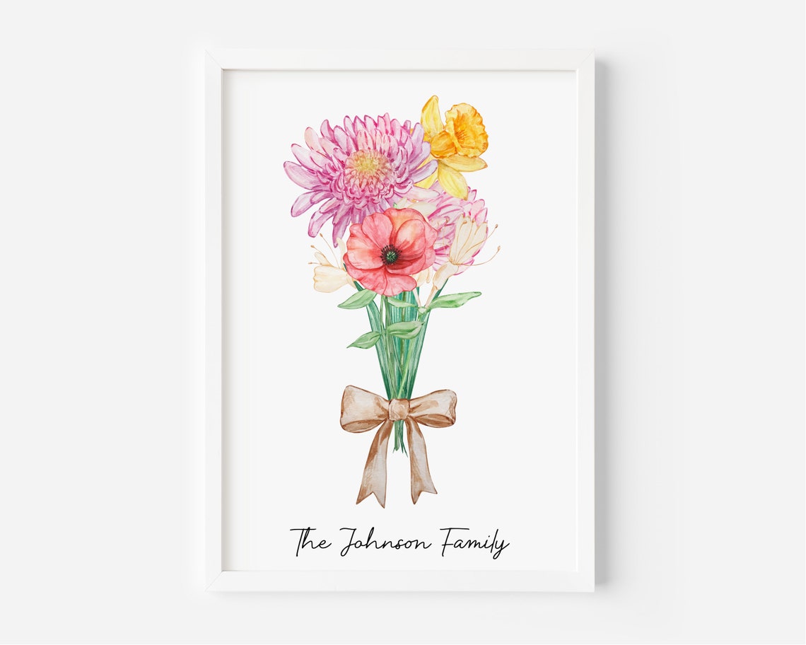 Our Family Nine Flower Watercolor Bouquet Bow Names Keepsake Poster - Image 3