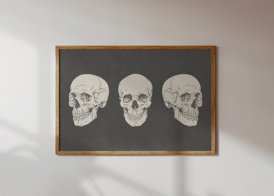 Three Skulls Dark Background Gothic Anatomy Minimalist Wall Poster