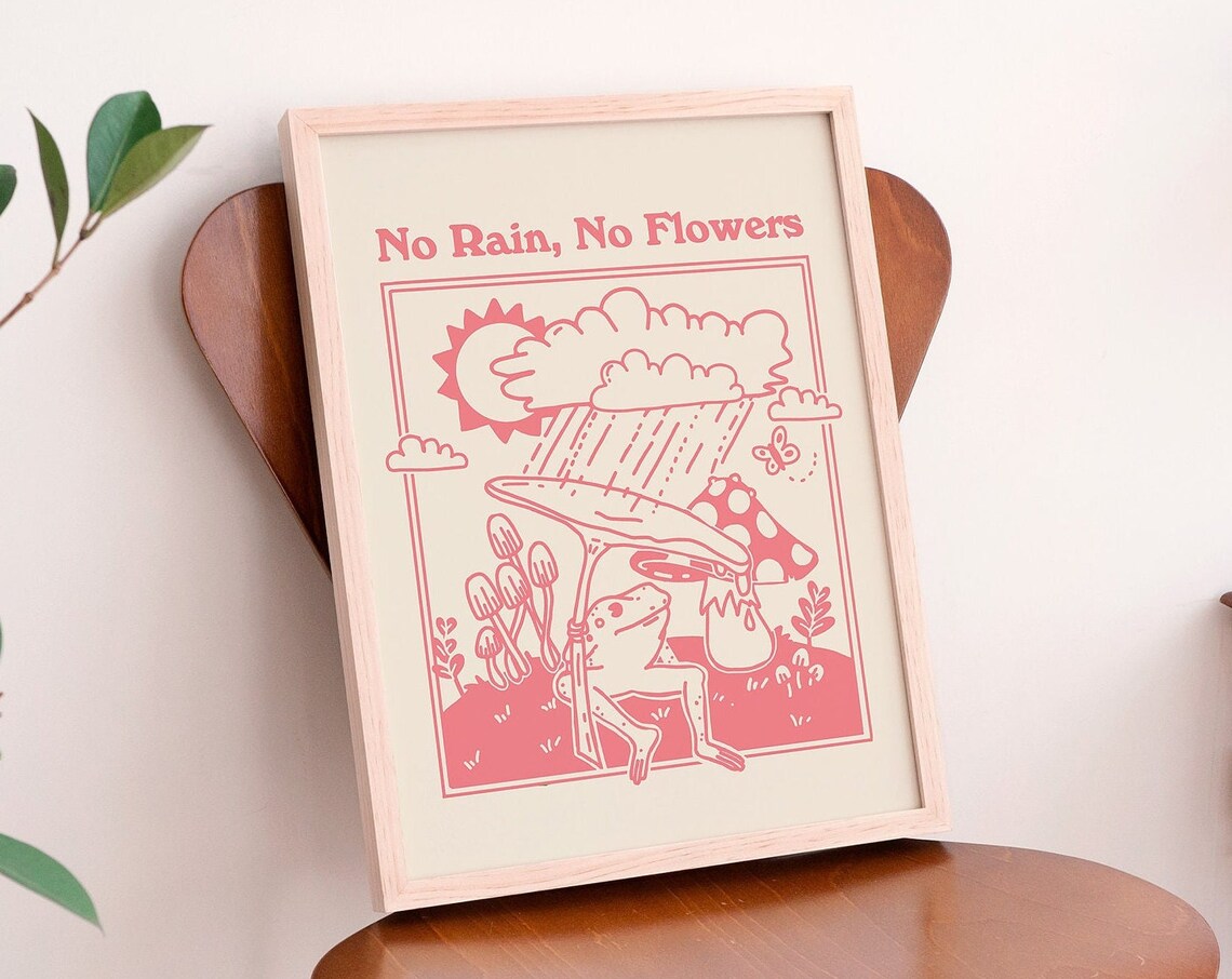 No Rain No Flowers Pink Frog Mushroom Rain Retro Affirmation Poster - Image 2