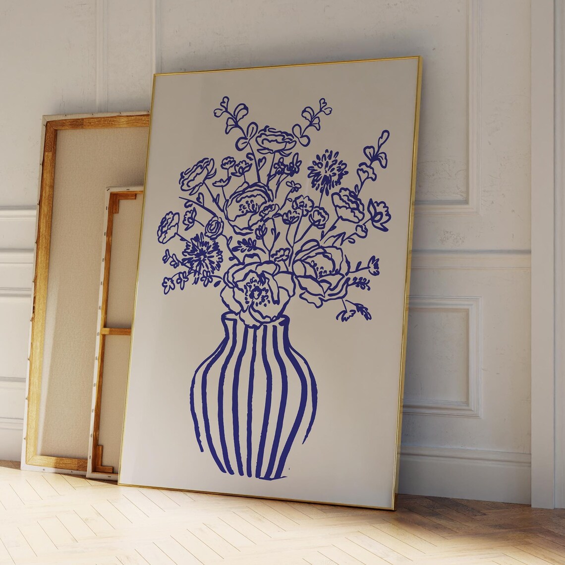 Blue Line Art Flowers In Striped Vase Botanical Modern Wall Poster