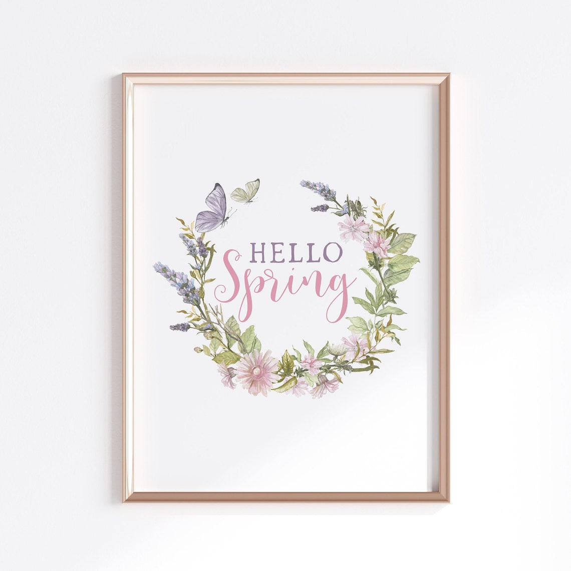 Hello Spring Floral Wreath Butterflies Pink Watercolor Wall Art Print - Image 3