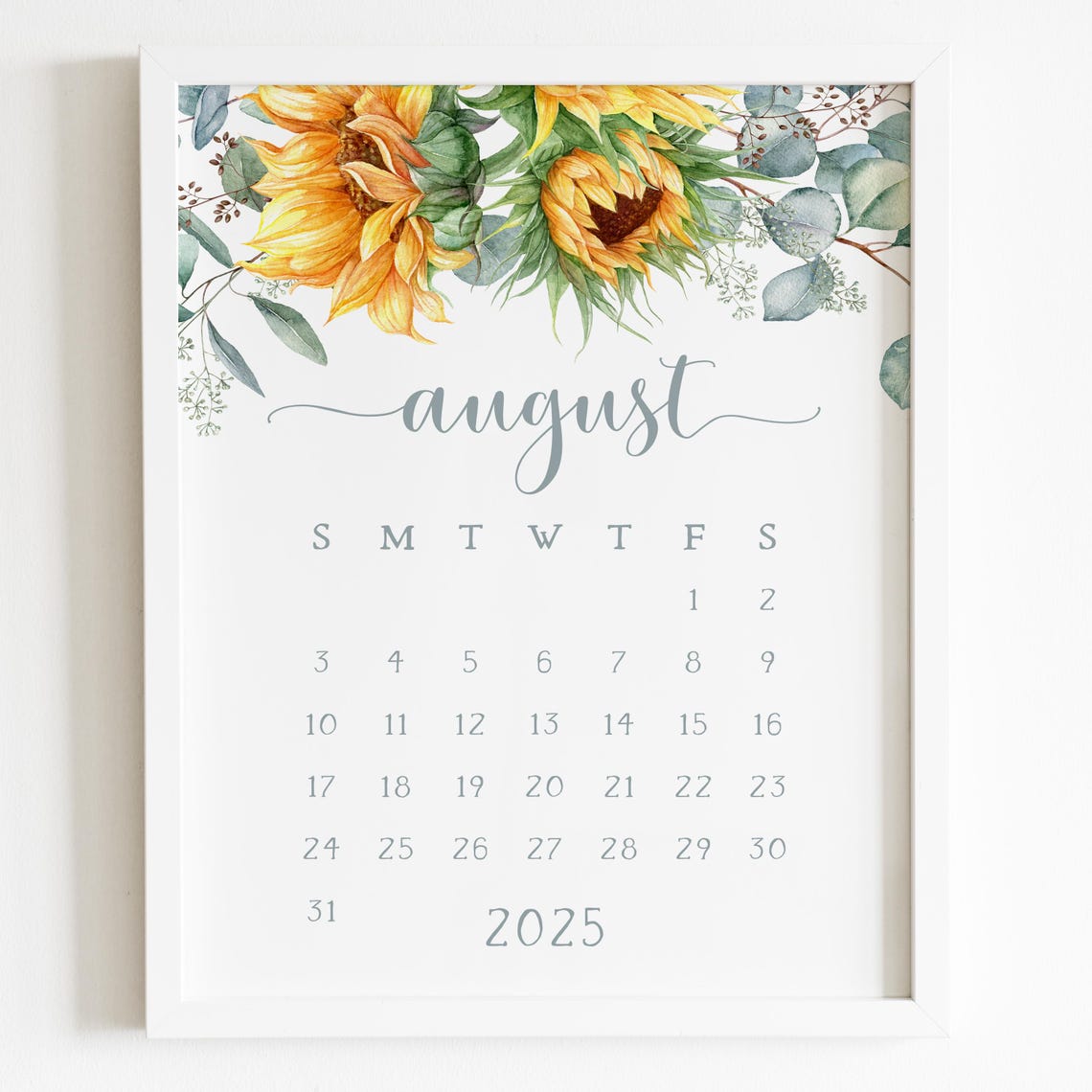 August 2025 Calendar Sunflowers Eucalyptus Wood Frame Planner - Image 5